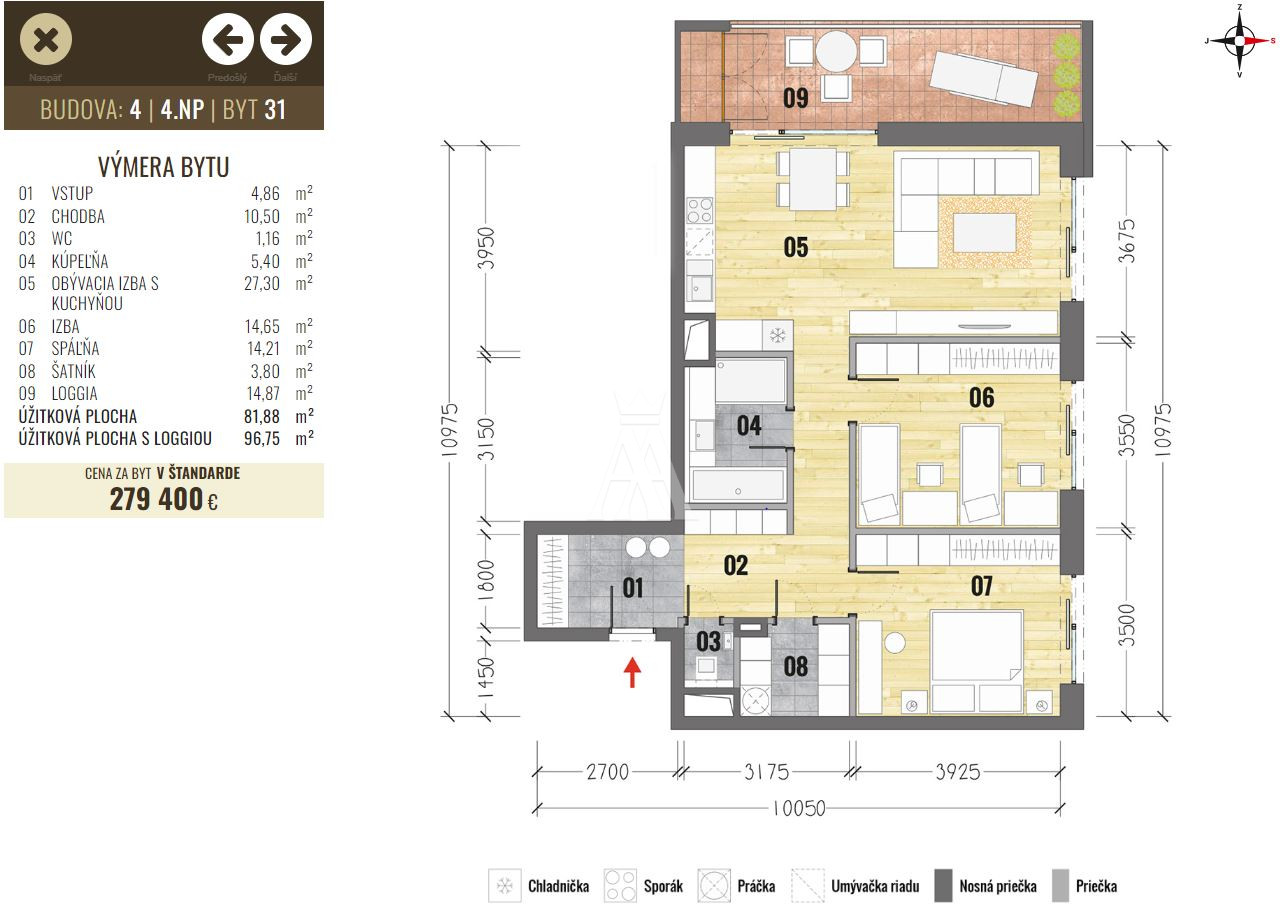 Holobyt na 4.poschodí, výmera 96,75m2