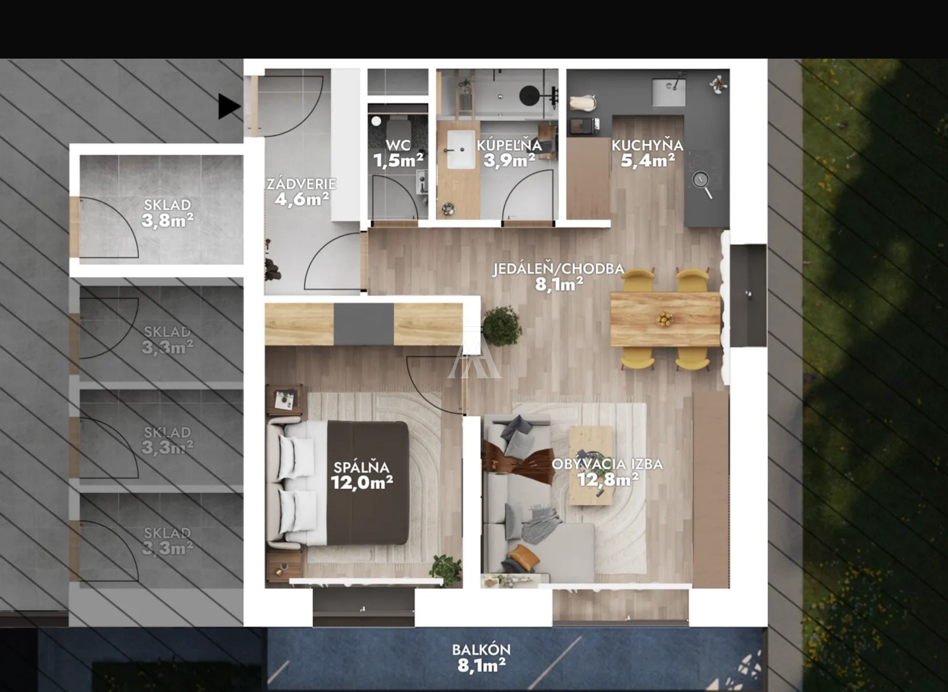 rozloha bytu 48,8 m2, sklad 3,8 m2, balkón 8,1 m2, parkovacie státie v cene